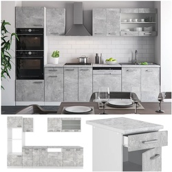 VICCO KÜCHE R-LINE 300 CM KÜCHENZEILE KÜCHENBLOCK EINBAUKÜCHE BETON MIT ARBEITSPLATTEN