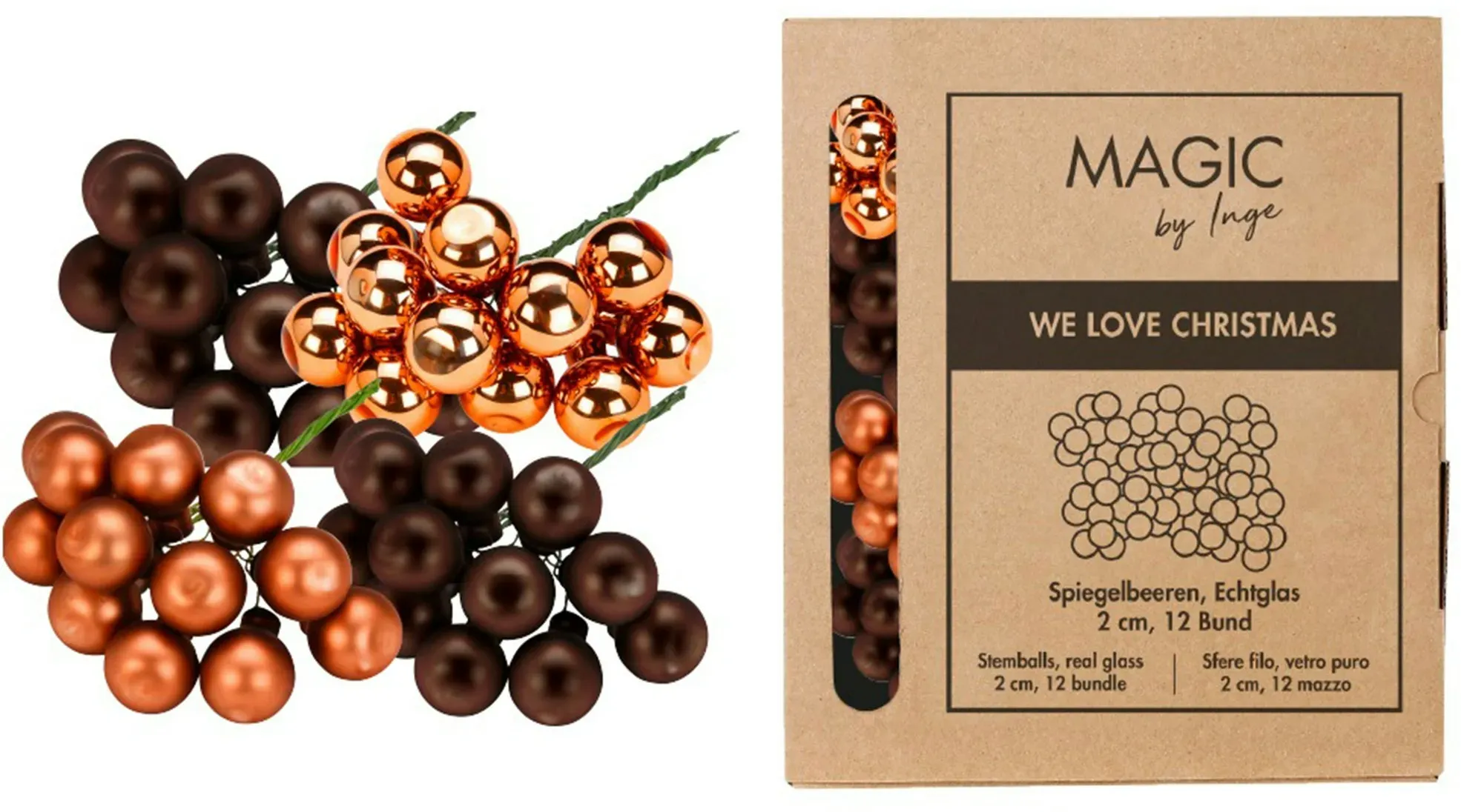 144 Glaskugeln am Draht 2cm Weihnachtskugeln Spiegelbeeren zum Basteln Braun Orange
