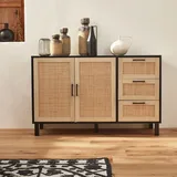 sweeek Sideboard, schwarz und Rohrgeflecht 120 x 40 x 75cm - Bianca - 3 Schubladen, 2 Türen, 2 Ebenen, 1 Regal