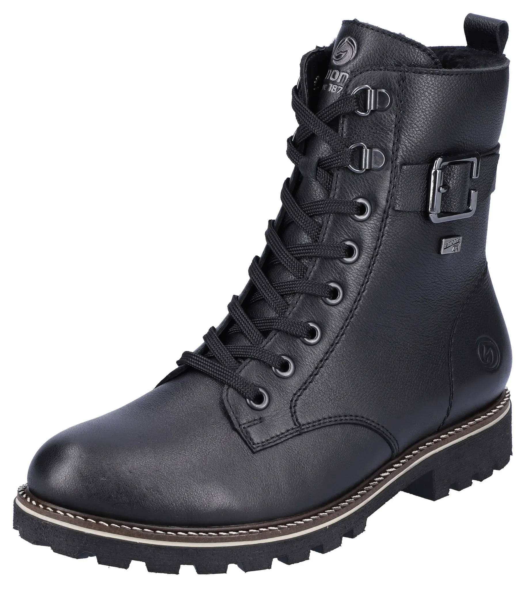 Winterboots REMONTE, Damen, Gr. 44, schwarz, Leder, Schuhe Winterboots, Blockabsatz, Schnürboots, Outdoorschuh mit Zierschnalle