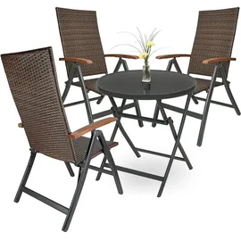 Brubaker Garten Sitzgruppe Modena - 1 Glastisch Klapptisch rund 70 cm Ø mit 3 Polyrattan Stühlen - Wetterfest - Braun/Anthrazit