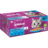 whiskas Adult 40 x 85 g Fishy Treats + Nassfutter für ausgewachsene Katzen, in Gelee Lachs, Thunfisch, Kabeljau, Weißfisch