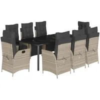 VidaXL 9-tlg. Garten-Essgruppe mit Kissen Hellgrau Poly Rattan