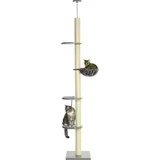 PawHut Kratzbaum Deckenhoch, 230-250 cm, Kletterbaum mit Hängematte, Katzenbaum Höhenverstellbar, Spielbaum mit Kippschutz, Plüsch, Grau+Cremeweiß