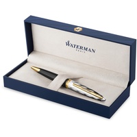 Waterman Carene Kugelschreiber | Metall und schwarzer Lack mit goldenen Zierteilen, ziselisierte Kappe | mittlere Spitze | Geschenkbox