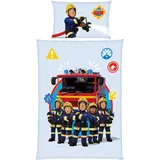 MTOnlinehandel Feuerwehrmann Sam Kinder-Bettwäsche-Set | 100x135 cm Deckenbezug + 40x60 cm Kissenbezug | Atmungsaktive Baumwolle | Mit Reißverschluss | Feuerwehr Crew Pontypandy in Blau | Geschenkidee Kinder