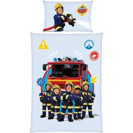MTOnlinehandel Feuerwehrmann Sam Kinder-Bettwäsche-Set | 100x135 cm Deckenbezug + 40x60 cm Kissenbezug | Atmungsaktive Baumwolle | Mit Reißverschluss | Feuerwehr Crew Pontypandy in Blau | Geschenkidee Kinder
