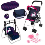 Bayer Design Puppenbuggy Set mit Tasche, Wickelunterlage, Wiege, Zubehör, Blau, Rosa