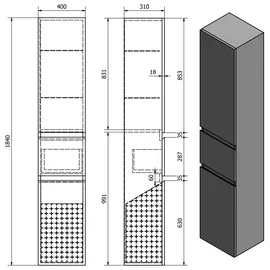 a&n&a aQualine ALTAIR Hochschrank mit Wäschekorb 40 x 184 x 31 cm Schwarz Matt