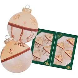 Krebs Glas Lauscha Bi-Color Creme / Glasklar 7cm Glaskugeln mit braunen Sternen und Schneeflocken