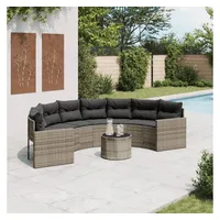 vidaXL Gartensofa mit Tisch und Kissen Halbrund Grau Poly Rattan