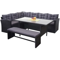 Mendler Poly-Rattan-Garnitur HWC-A29, Gartengarnitur Sitzgruppe Lounge-Esstisch-Set, schwarz Kissen dunkelgrau, mit Bank