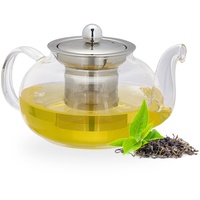 Relaxdays Teekanne mit Siebeinsatz, 600 ml, Borosilikatglas, Edelstahl, Glaskanne für losen Tee, transparent/silber