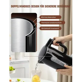 Aigostar - Edelstahl Doppelwand Elektrischer Wasserkocher mit Wasserstandsanzeige, - Schwarz