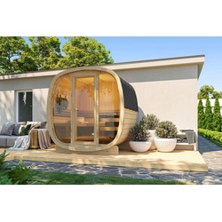 Finn Art Blockhaus Fasssauna Quadro 160 Vollglas Front, 42 mm, Schindeln grün, Outdoor Gartensauna, ohne Ofen, Bausatz grün