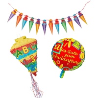Idena 90125 - 1 Pinata Schultüte, 1 Girlande, 1 Folienballon Schulanfang, Einschulung, Schulstart, Dekoration, Geschenk
