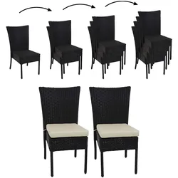 2er-Set Poly-Rattan Stuhl MCW-G19, Balkonstuhl Gartenstuhl, stapelbar ~ schwarz, Kissen creme