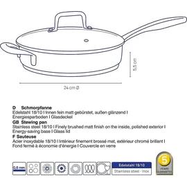 Kela Edelstahl 24 cm hoher Rand FLAVORIA, 1,6L Induktion Bratpfanne mit Deckel, Dampfauslassventil, Schmortopf unbeschichtet