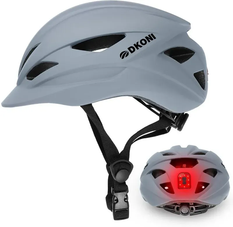 DKONI HS-086 Erwachsenen-Fahrradhelm mit Licht, Grau, Größe L (58-61 cm)