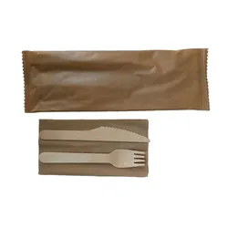 500 Bio Holzbesteck Sets- Gabel, Messer 16cm- Serviette kraft braun