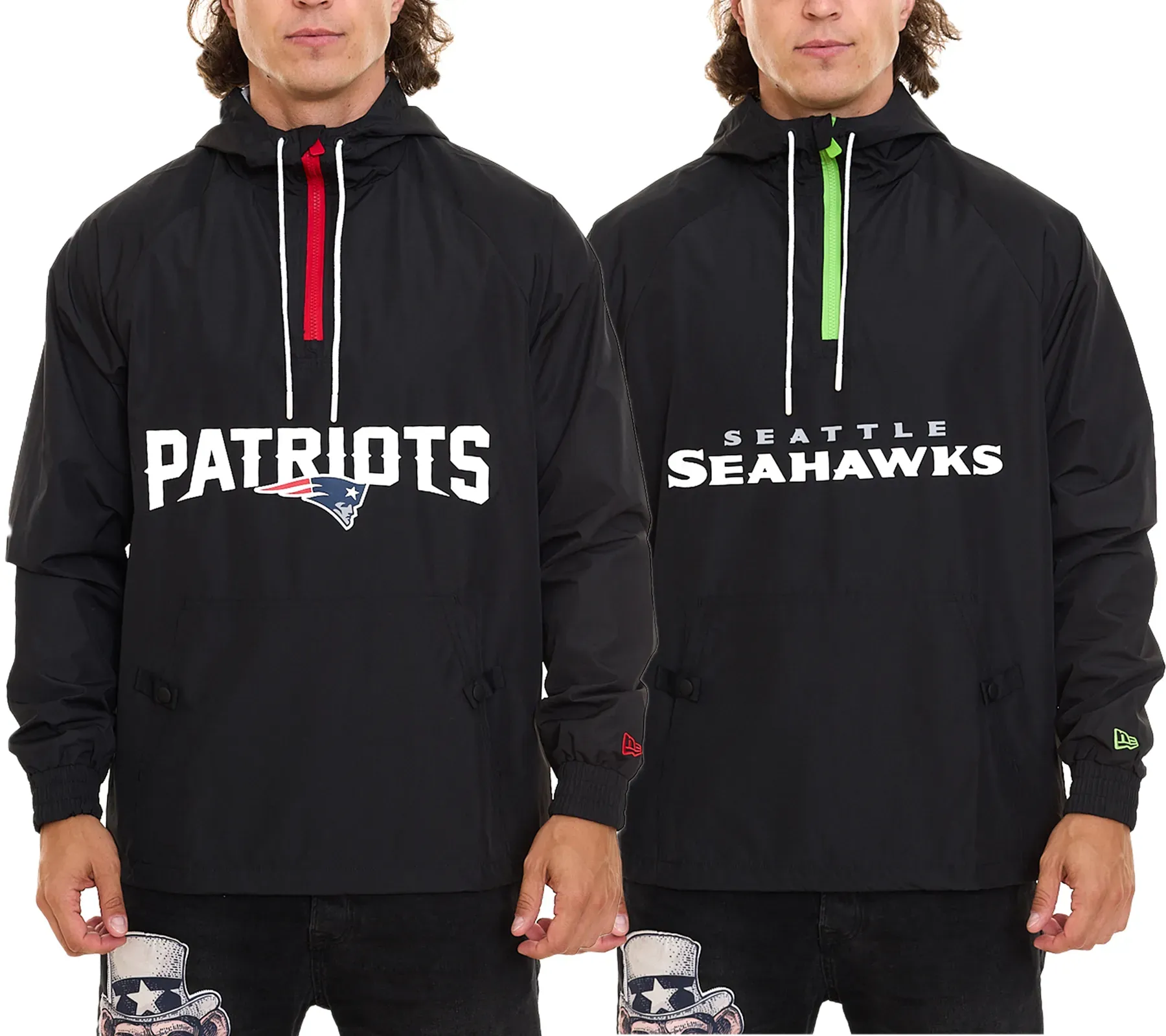 NEW ERA NFL OVERLAP LOGO Herren Patriots oder Seattle Seahwaks Windbreaker Kapuzen-Jacke Schwarz/Rot oder Schwarz/Grün - S