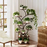 LEADZM 10 Etagen Blumenständer Pflanzenständer mit Wachstumslichtern, Pflanzenregal Indoor, Blumenregal Groß Pflanzregal Innen für Wohnzimmer, Balkon, Schlafzimmer aus Holz und Metall