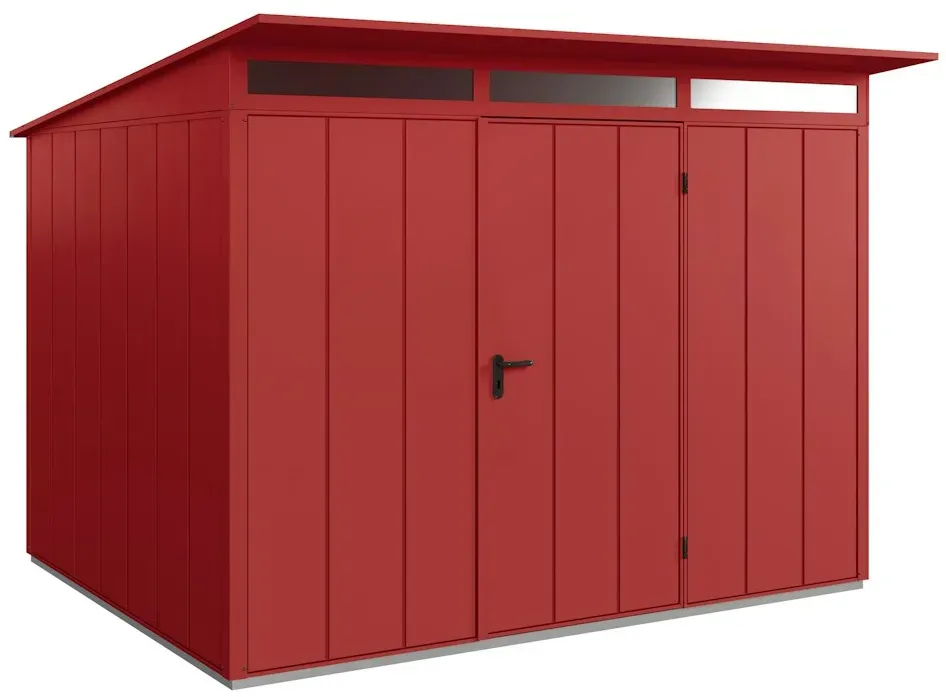 Hörmann Metall-Gerätehaus Berry mit Pultdach B 302 x T 238 cm (Typ 3), Motiv Modern (mit breiten Lamellen), Einzeltür Türanschlag rechts, Purpurrot (RAL 3004)