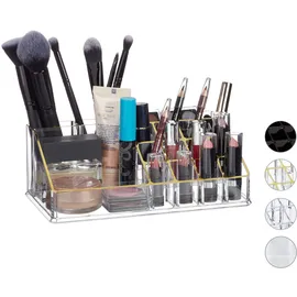 Relaxdays Kosmetik-Organizer Acryl, Make Up Organizer mit 16 Fächern für Schminke & Lippenstift-Halter, transparent/gold