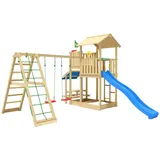 Jungle Gym Spielturm JUNGLE GYM "Veranda", blau, Spieltürme, KinderB:454cm H:310cm T:437cm, Holz, Spielanlage mit Schaukel, Kletterbock und Rutsche mit Wasseranschluss, B:454cm H:310cm T:437cm