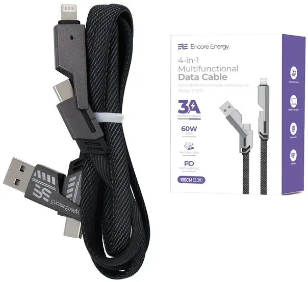 Neues Encore Energy 4w1 USB-C USB-A Lightning 3A flaches Kabel mit Geflecht QC PD 60W zum Laden und Datentransfer 100 cm EE155