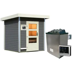 Saunahaus KARIBU "Klaas", grau (terragrau), Saunaofen, externe Steuerung, 9 kW, Saunen, moderne Tür, Ofen 9 KW externe Strg easy