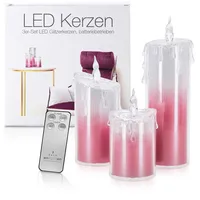 LED Universum Acryl Glitzer Kerze Pink 3er Set "Liza" Deko Timer Fernbedienung