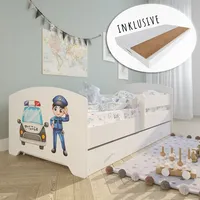 Kids Collective Kinderbett 160x80 cm mit Matratze und Schublade, Rausfallschutz & Lattenrost mit Polizei Motiv, - Weiß