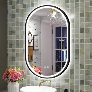 S'bagno Badspiegel mit Beleuchtung Oval 60x90cm, LED Badezimmerspiegel mit Aluminiumrahmen, Nebelfrei, 3000-6500K, Memory-Funktion, IP44 Badezimmer Spiegel mit Beleuchtung Horizontal/Vertikal, Schwarz