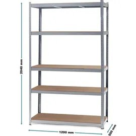 Wiltec Schwerlastregal 120x50x204cm, 200kg/Ablage, Steckregal verzinkt aus Stahl, Lastenregal mit 5 Ablagen, Werkstattregal
