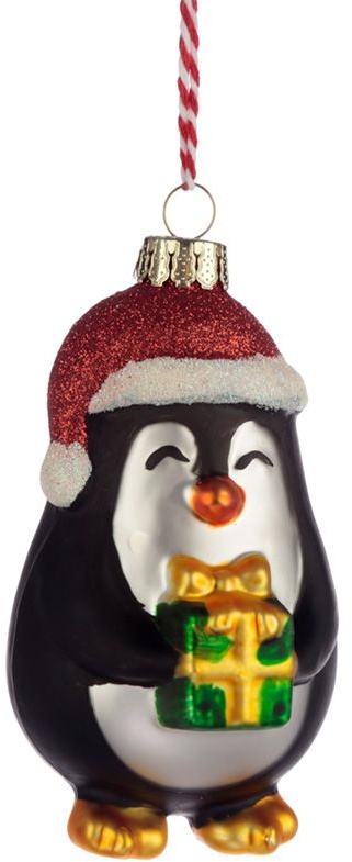 Pinguin mit Geschenk Weihnachtskugel aus Glas