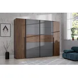 Schrank 270, Kleiderschrank, Schwebetürenschrank mit Drehtüren, Holzdekor Nuß kombiniert mit Wolfram Grau, 270,3 cm breit x 210,5 cm hoch x 61,2 cm tief