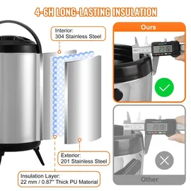 Vevor Heiß- und Kaltgetränkespender Getränkespender 7,6 L, Edelstahl Heiß- und Kaltwasserbrunnen Getränkespender mit Zapfen & Tragegriff für Kaffee, Wasser, Saft Isolierkanne für Cafés, Bars