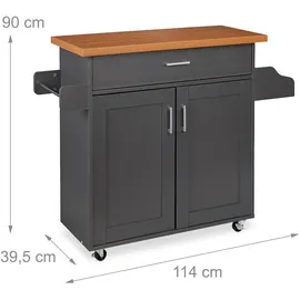 Relaxdays Küchenwagen, Arbeitsplatte, Schublade, 2 Fächer, Gewürz- Handtuchhalter, mobiler Küchenschrank, grau/Natur,