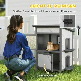 PawHut Katzenhaus aus Holz, 2-stöckiges Outdoor Isolierte Katzenhütte mit Fenster Türen
