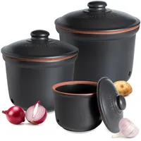 ROMERTOPF Frische-Topf 3er Set - Knoblauch, Zwiebel und Kartoffel Aufbewahrungsbox Keramik - Atmungsaktiver Ton hält Gemüse länger frisch - Schwarz