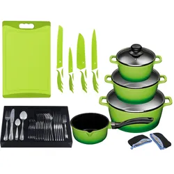 Topf-Set KING "»ALUGUSS« Aluminiumguss, Induktion, Antihaftbeschichtung", grün, 10 l, Töpfe, inkl. 4 Küchenmesser, 1 Schneidebrett, 1 Besteck-Set + Etui