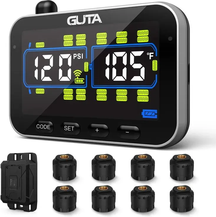 GUTA Wohnmobil-/Anhänger-Reifendruckkontrollsystem mit 8 Sensoren, 0-188 PSI Echtzeitüberwachung, 6 Alarme, LCD-Farbbildschirm, Repeater, Langstreckenkommunikation, unterstützt bis zu 24 Reifen, GT20C+8GS02+GB30