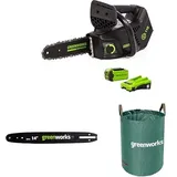 Greenworks Akku Kettensäge mit Akku und Ladegerät, bürstenlosem Motor, 25 cm Blattlänge, 40V 2Ah Akku + Greenworks 25cm Führungsschiene für Kettensäge + Greenworks 120l Gartenabfallsack