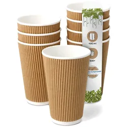 BIOZOYG 500 Stück Riffelbecher 400ml / 16oz Kaffee To Go Pappbecher, Braune Einwegbecher, Nachhaltig, Biologisch Abbaubar, Einwegbecher
