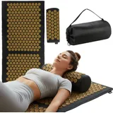 Kedica® Akupressur Set Akupressurmatte, Kissen, Tragetasche - Akupunktur Matte, Massagematte, Akkupressmatte für Muskelentspannung, Nackenschmerzen - Schwarz/Gold