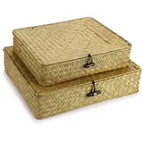 SUMNACON 2PCS Rattankorb aus Natürliche Seegras mit Deckel Handarbeiten Aufbewahrungskiste Aufbewahrungskörbe Ordnung Korb für Küche Badezimmer Schlafzimmer Gross+Klein(Rechteckig,Gelb)