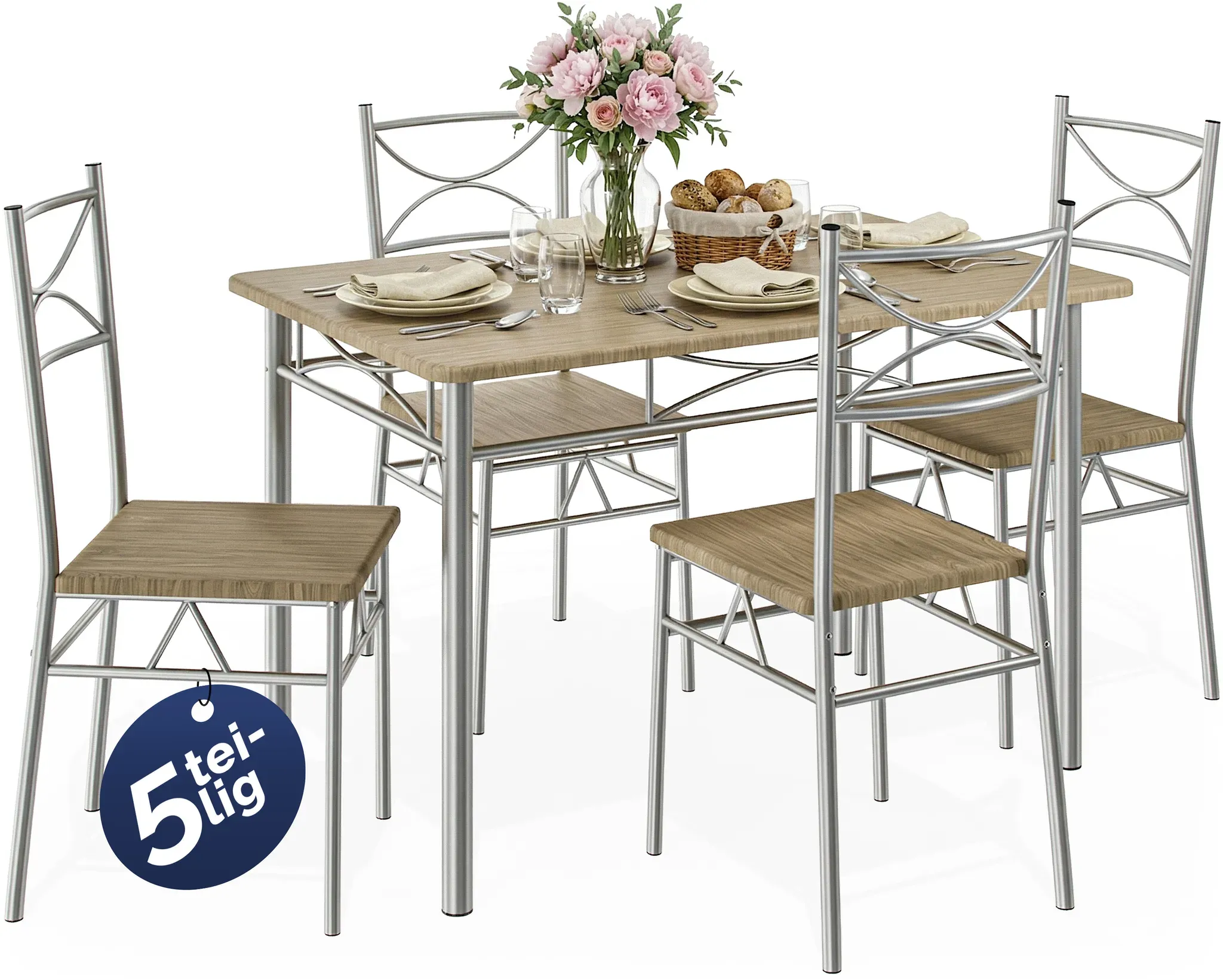 5 Pieces Dining Table Chairs Set »Paul« Oak