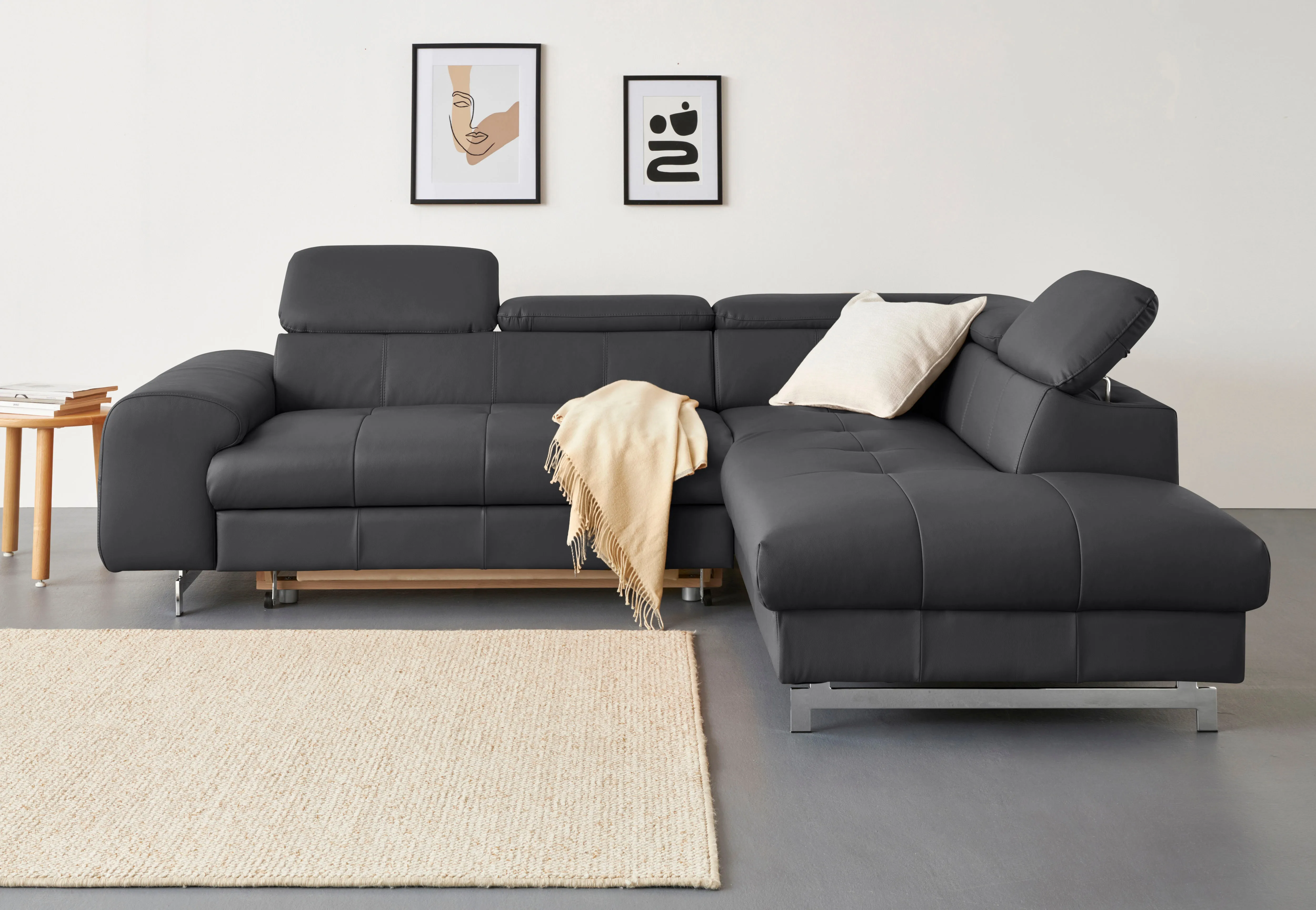 Ecksofa COTTA "Chef L-Form", schwarz, B:257cm H:72cm T:206cm, Luxus-Microfaser (100% Polyester), Kunstleder Softlux, Leder Advantage (abgedecktes Spalt-Rindsleder), Rückseite mit schwarzem Spannstoff bezogen, NaturLEDER (echtes Rindsleder), Rückseite mit schwarzem Spannstoff bezogen, Sofas, mit Kopfteilverstellung, wahlweise mit Bettfunktion