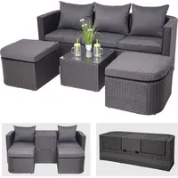 Mendler 3in1-Garnitur HWC-J37, Garten-/Lounge-Set Sonneninsel, Spun Poly Poly-Rattan MVG anthrazit, Kissen dunkelgrau